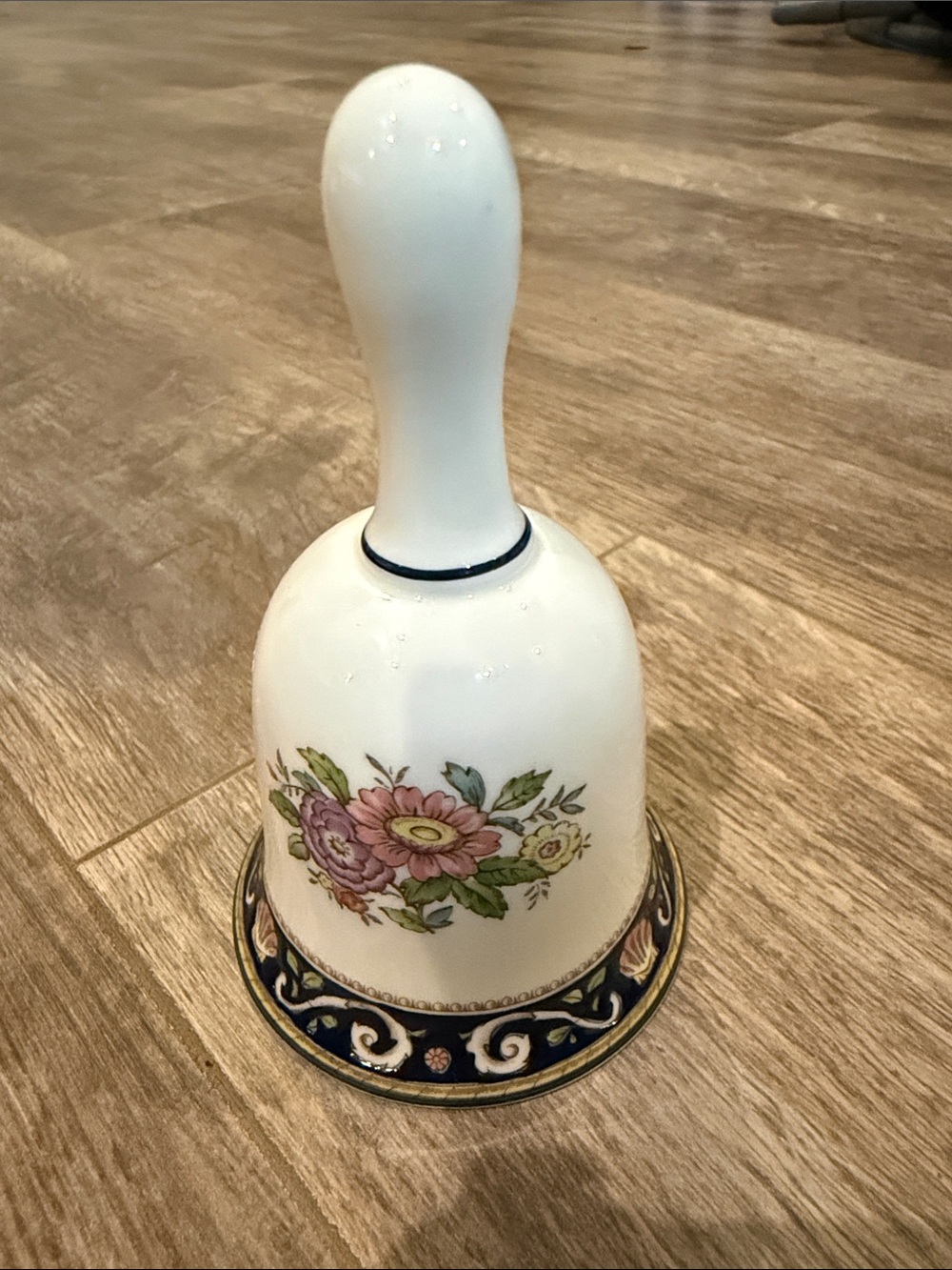 Wedgwood White Porcelain Bell with Pink Floral and Navy Gold Trim